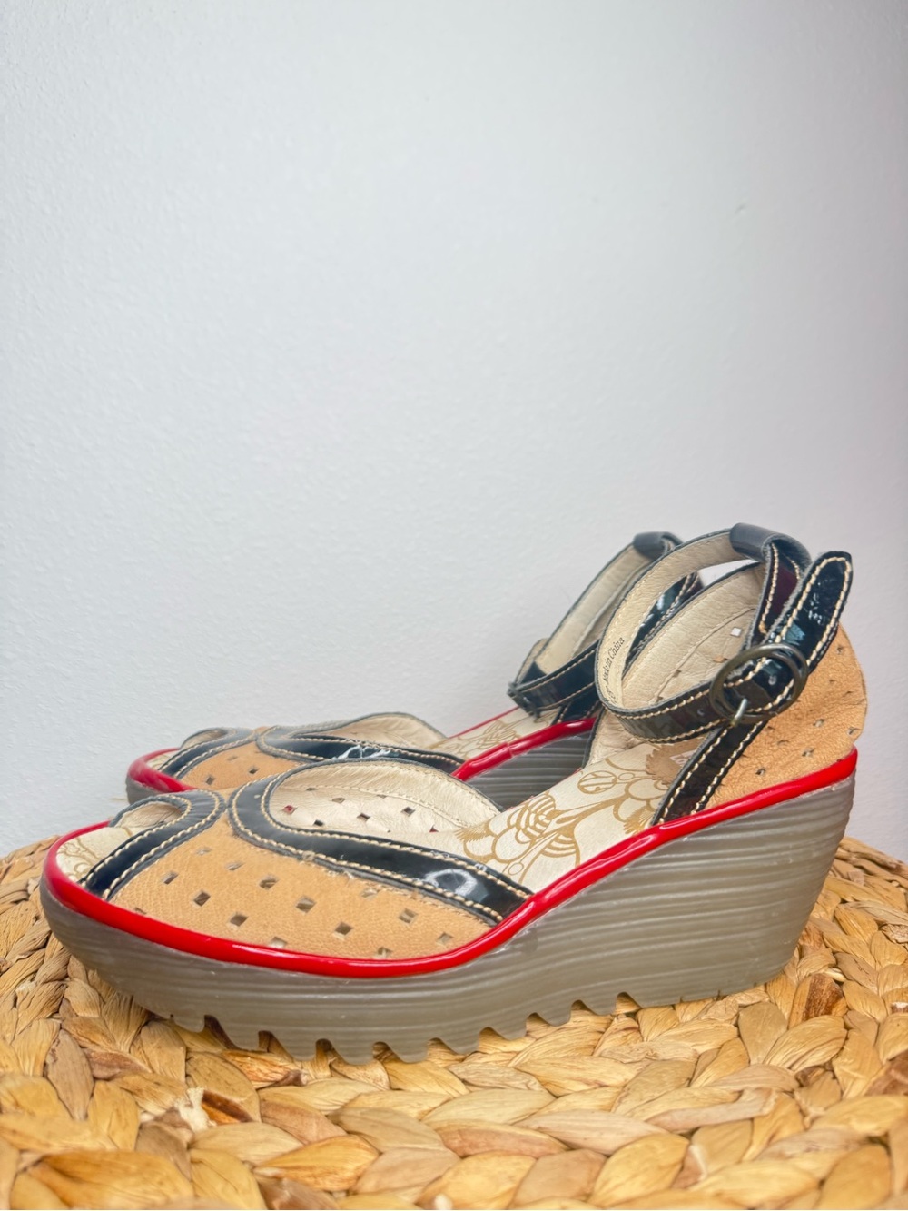 Fly London Shoes Ydel Perforated Leather Wedge Sandals Tan Black Red peep toe